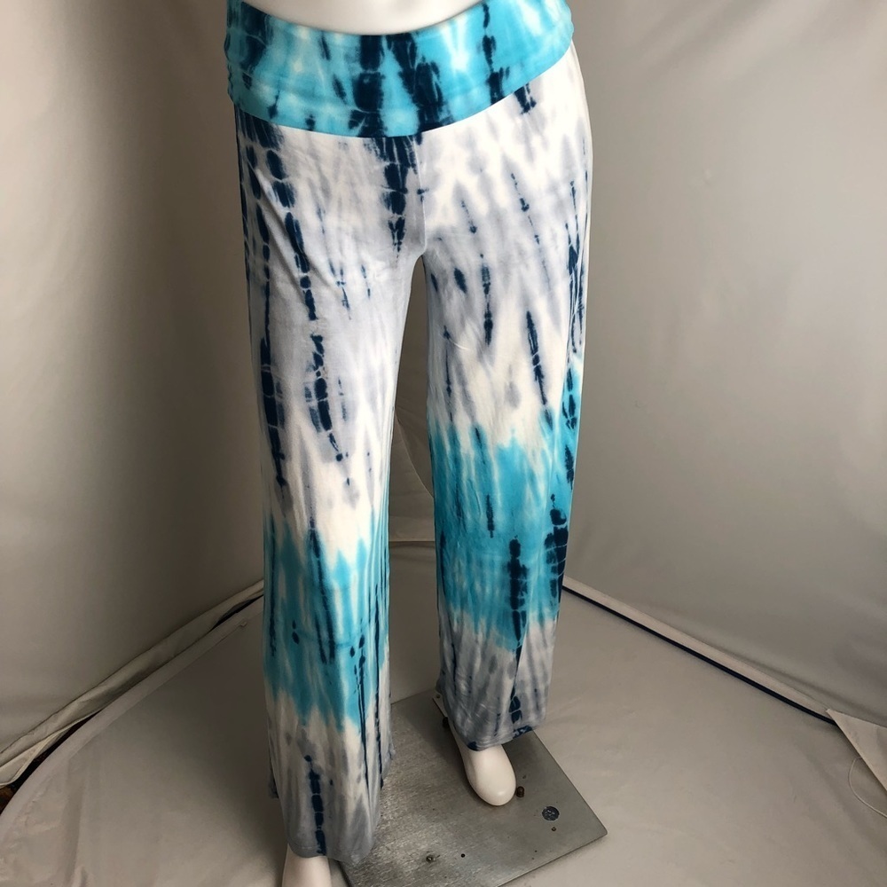 Tie-dyed navy turquoise gray fold over waist super soft palazzo pants L